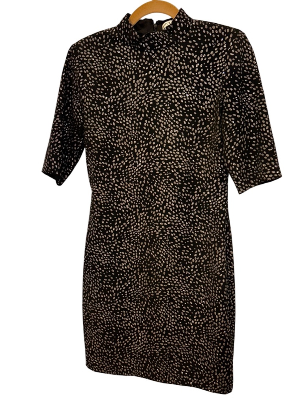 Alice & Olivia black guinea hen spotted shift silk dress 8